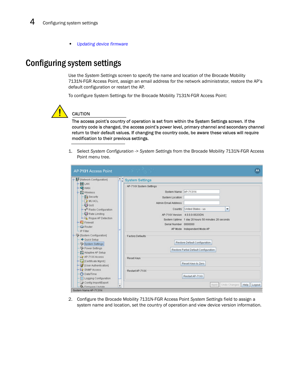 Configuring system settings, Configuring, System settings | Brocade Mobility 7131N-FGR Access Point Product Reference Guide (Supporting software release 4.0.0.0-35GRN and later) User Manual | Page 68 / 593