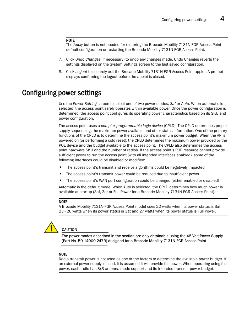 Configuring power settings, Configuring power, Settings | Brocade Mobility 7131N-FGR Access Point Product Reference Guide (Supporting software release 4.0.0.0-35GRN and later) User Manual | Page 71 / 593