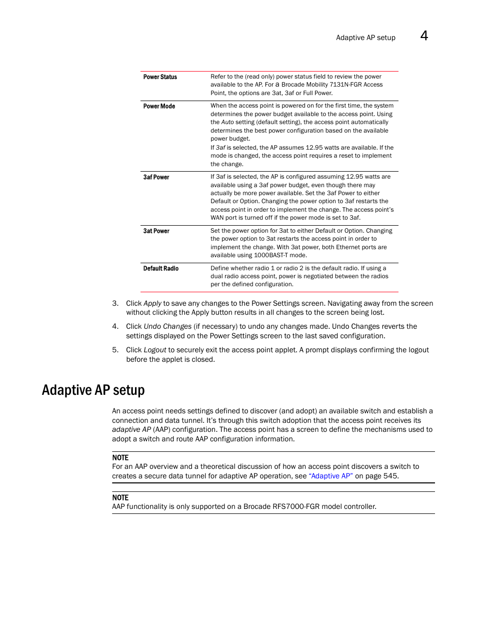 Adaptive ap setup | Brocade Mobility 7131N-FGR Access Point Product Reference Guide (Supporting software release 4.0.0.0-35GRN and later) User Manual | Page 75 / 593