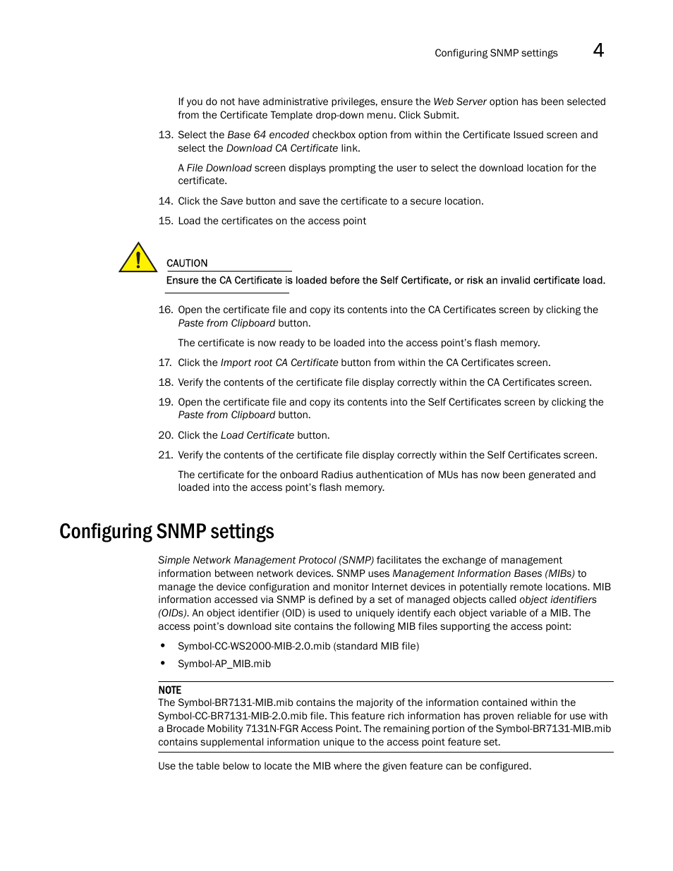 Configuring snmp settings | Brocade Mobility 7131N-FGR Access Point Product Reference Guide (Supporting software release 4.0.0.0-35GRN and later) User Manual | Page 87 / 593