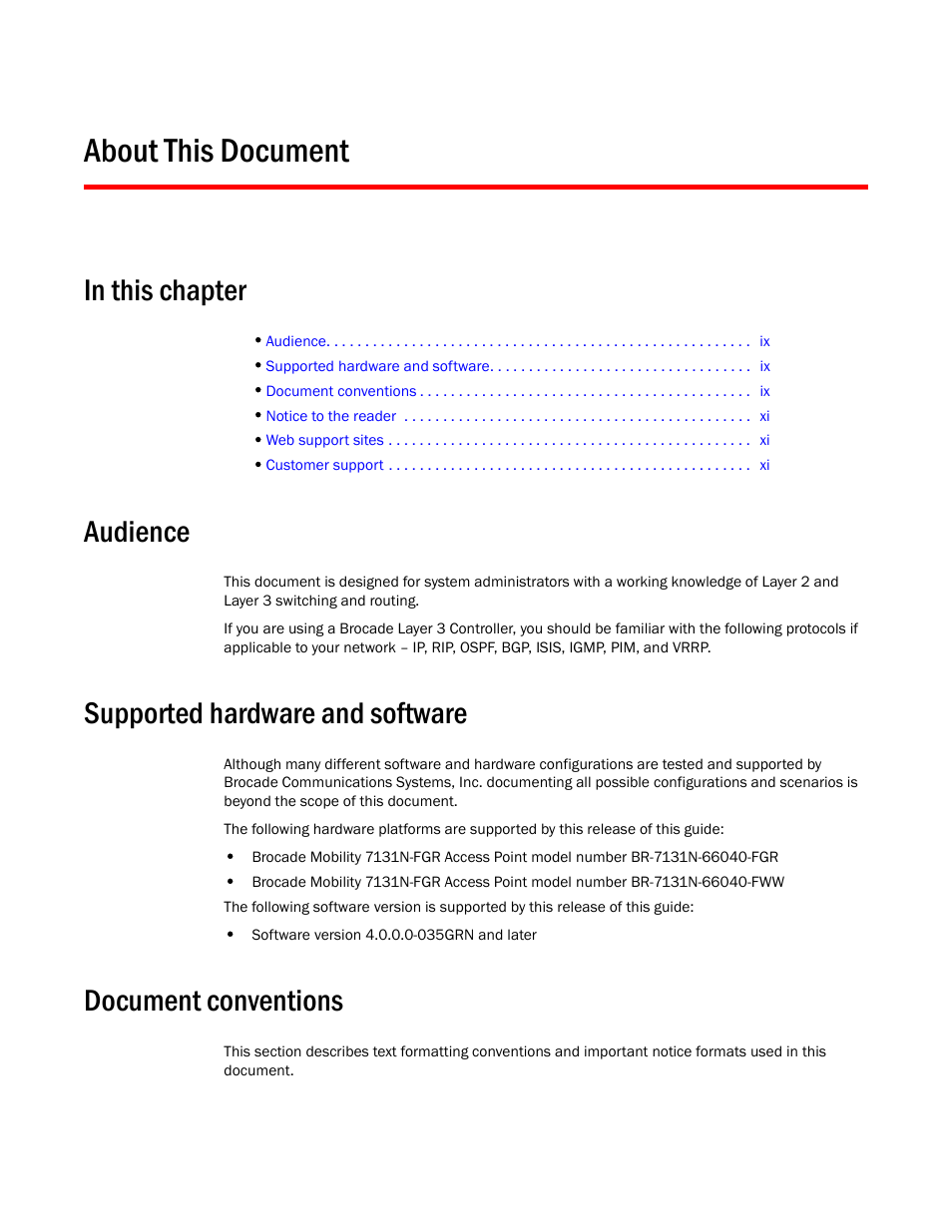 About this document, In this chapter, Audience | Supported hardware and software, Document conventions | Brocade Mobility 7131N-FGR Access Point Product Reference Guide (Supporting software release 4.0.0.0-35GRN and later) User Manual | Page 9 / 593