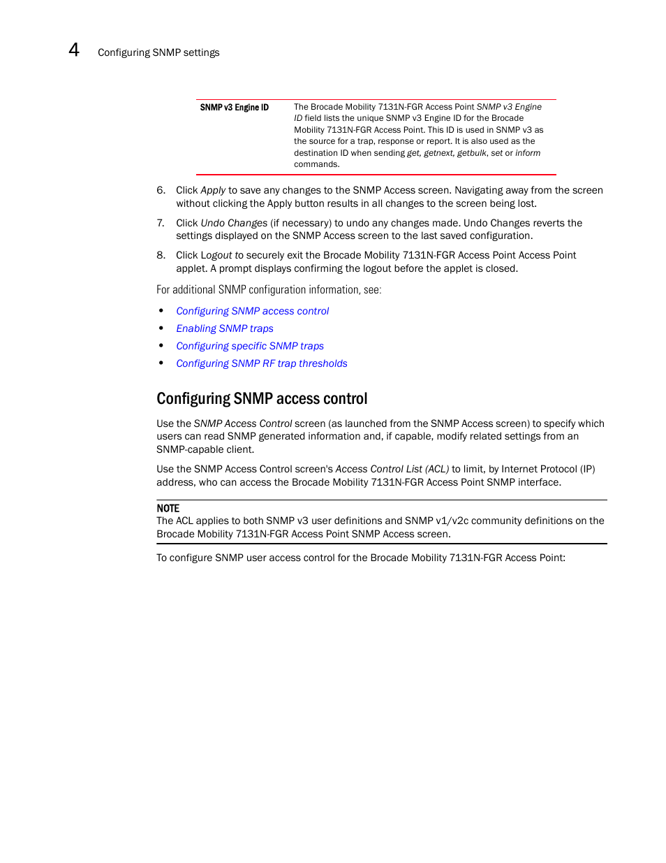 Configuring snmp access control | Brocade Mobility 7131N-FGR Access Point Product Reference Guide (Supporting software release 4.0.0.0-35GRN and later) User Manual | Page 92 / 593