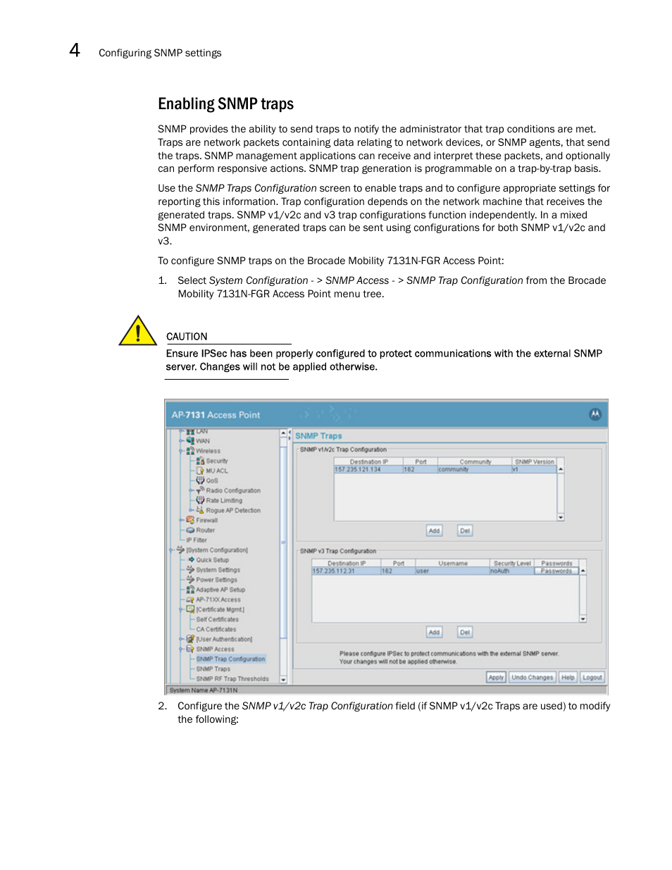 Enabling snmp traps | Brocade Mobility 7131N-FGR Access Point Product Reference Guide (Supporting software release 4.0.0.0-35GRN and later) User Manual | Page 94 / 593