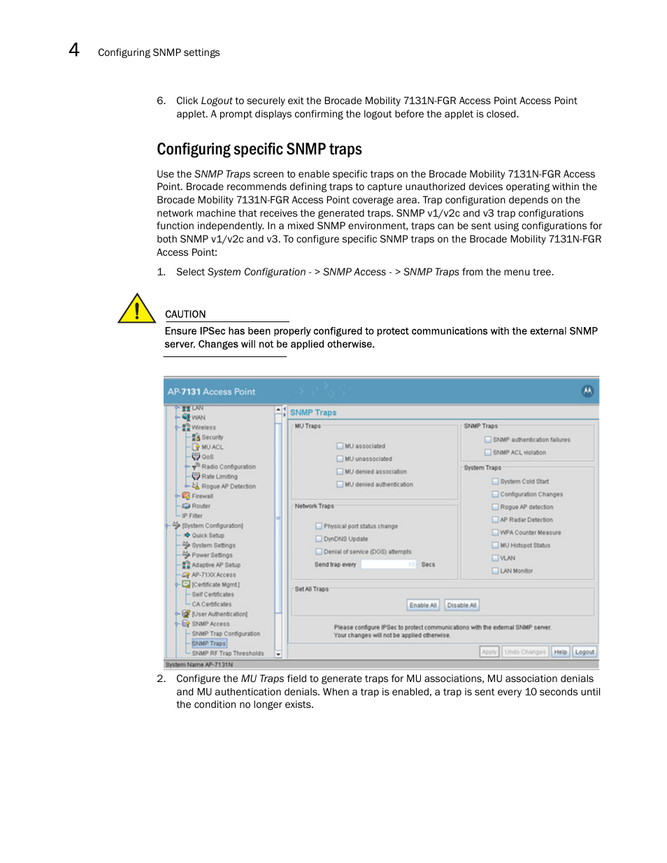 Configuring specific snmp traps | Brocade Mobility 7131N-FGR Access Point Product Reference Guide (Supporting software release 4.0.0.0-35GRN and later) User Manual | Page 96 / 593