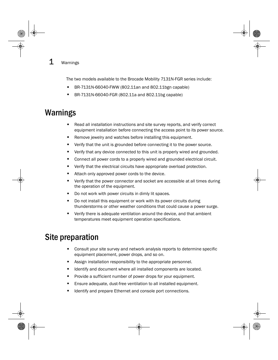 Warnings, Site preparation, Warnings site preparation | Brocade Mobility 7131N-FGR Access Point Installation Guide (Supporting software release 4.0.0.0-035GRN and later) User Manual | Page 10 / 65