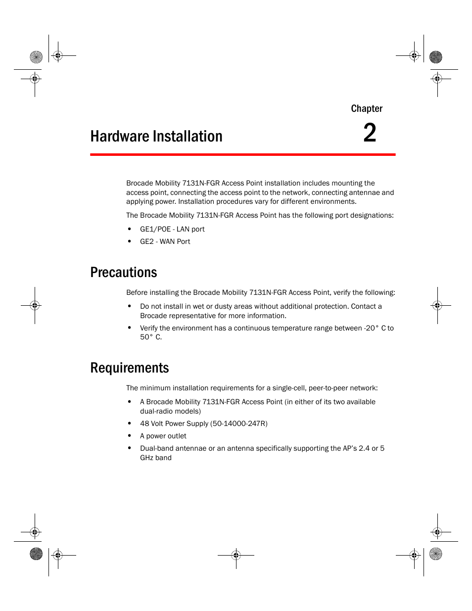 Hardware installation, Precautions, Requirements | 2 hardware installation, Precautions requirements | Brocade Mobility 7131N-FGR Access Point Installation Guide (Supporting software release 4.0.0.0-035GRN and later) User Manual | Page 13 / 65