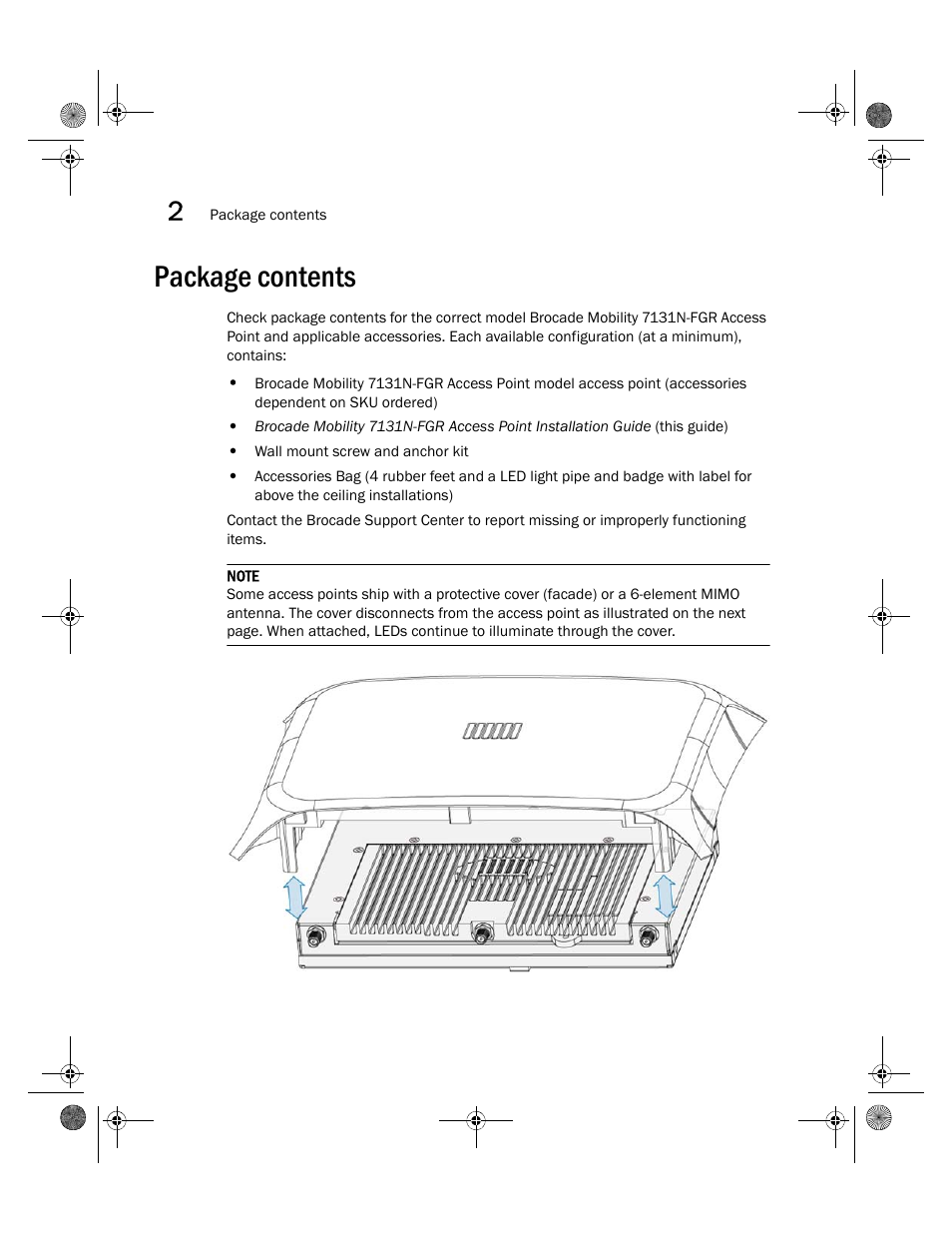 Package contents | Brocade Mobility 7131N-FGR Access Point Installation Guide (Supporting software release 4.0.0.0-035GRN and later) User Manual | Page 14 / 65