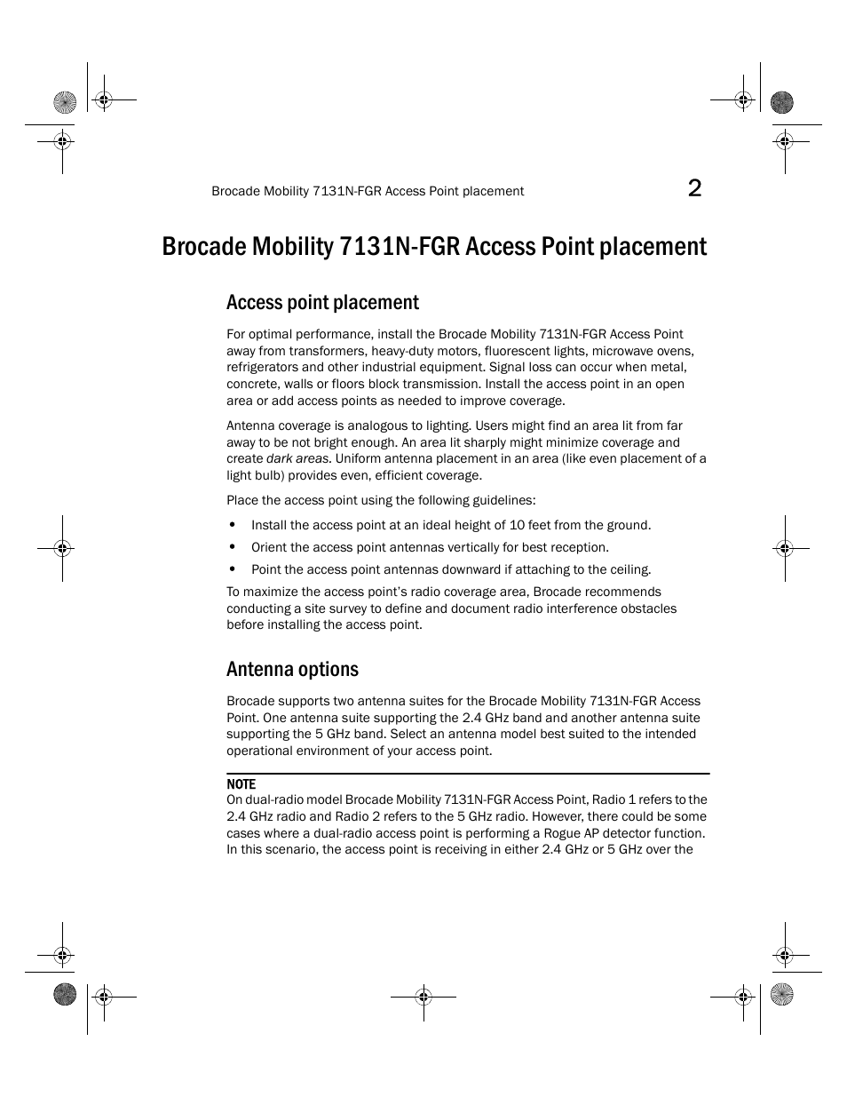 Brocade mobility 7131n-fgr access point placement, Access point placement, Antenna options | Access point placement antenna options | Brocade Mobility 7131N-FGR Access Point Installation Guide (Supporting software release 4.0.0.0-035GRN and later) User Manual | Page 15 / 65