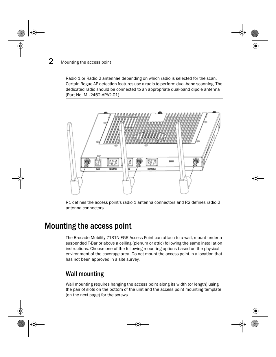 Mounting the access point, Wall mounting | Brocade Mobility 7131N-FGR Access Point Installation Guide (Supporting software release 4.0.0.0-035GRN and later) User Manual | Page 16 / 65