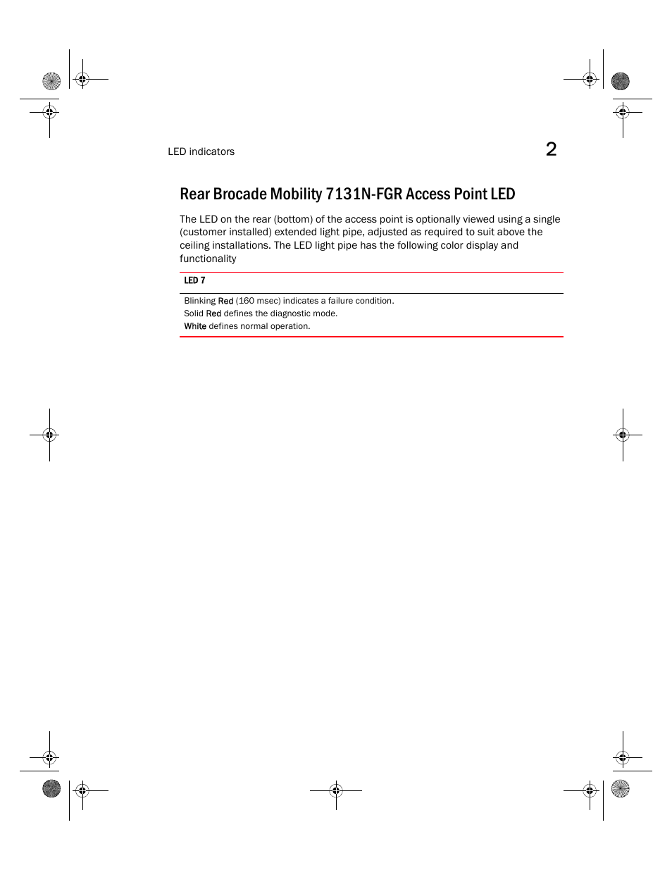 Rear brocade mobility 7131n-fgr access point led | Brocade Mobility 7131N-FGR Access Point Installation Guide (Supporting software release 4.0.0.0-035GRN and later) User Manual | Page 29 / 65