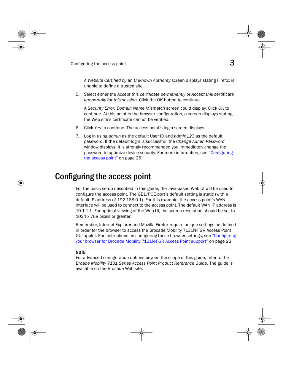 Configuring the access point, Configuring, The access point | Brocade Mobility 7131N-FGR Access Point Installation Guide (Supporting software release 4.0.0.0-035GRN and later) User Manual | Page 33 / 65