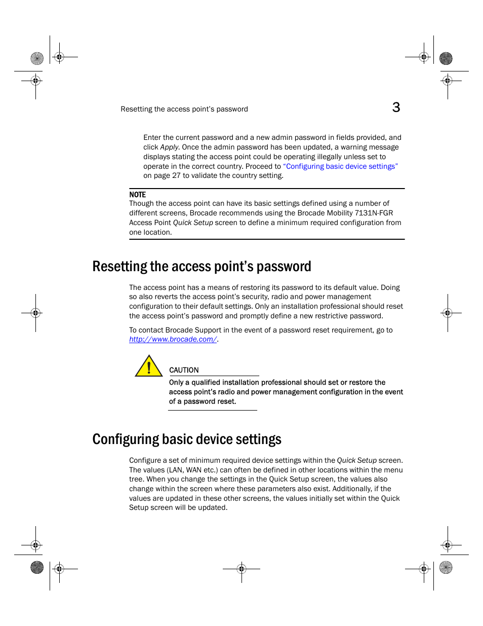 Resetting the access point’s password, Configuring basic device settings | Brocade Mobility 7131N-FGR Access Point Installation Guide (Supporting software release 4.0.0.0-035GRN and later) User Manual | Page 35 / 65