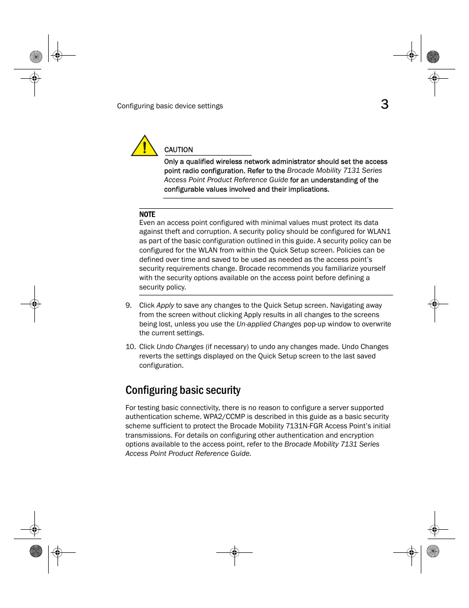 Configuring basic security | Brocade Mobility 7131N-FGR Access Point Installation Guide (Supporting software release 4.0.0.0-035GRN and later) User Manual | Page 43 / 65