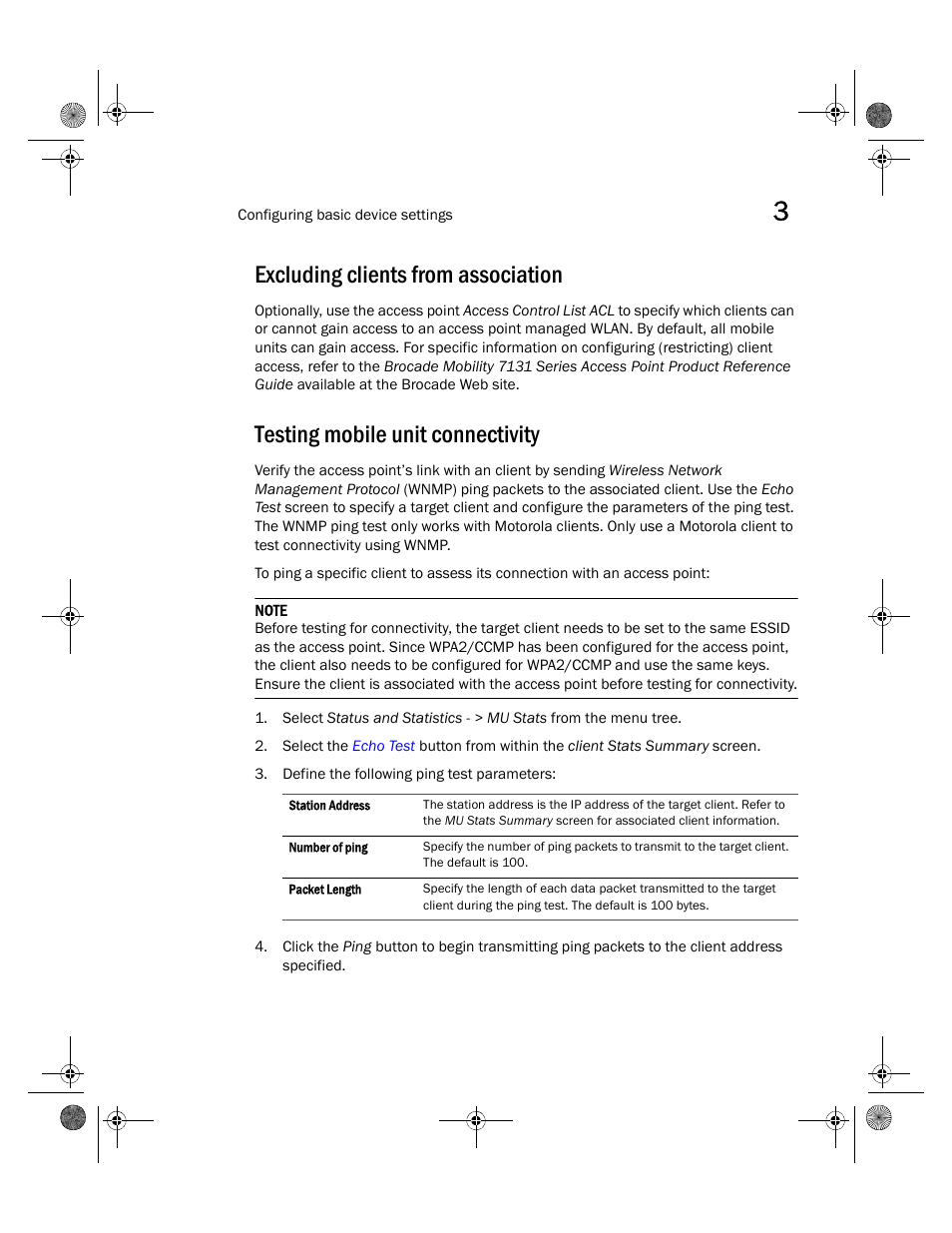 Excluding clients from association, Testing mobile unit connectivity | Brocade Mobility 7131N-FGR Access Point Installation Guide (Supporting software release 4.0.0.0-035GRN and later) User Manual | Page 49 / 65