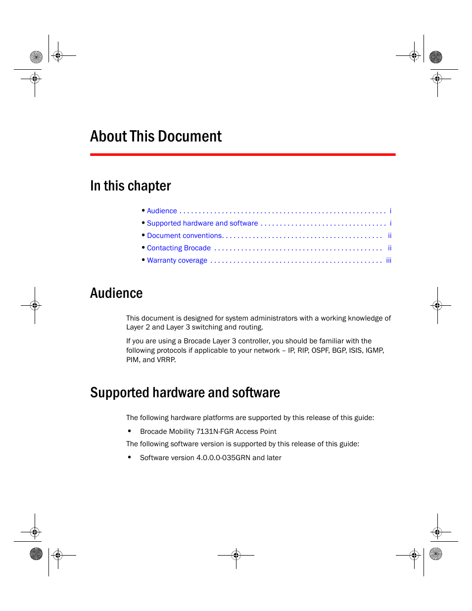 About this document, Audience, Supported hardware and software | Brocade Mobility 7131N-FGR Access Point Installation Guide (Supporting software release 4.0.0.0-035GRN and later) User Manual | Page 5 / 65