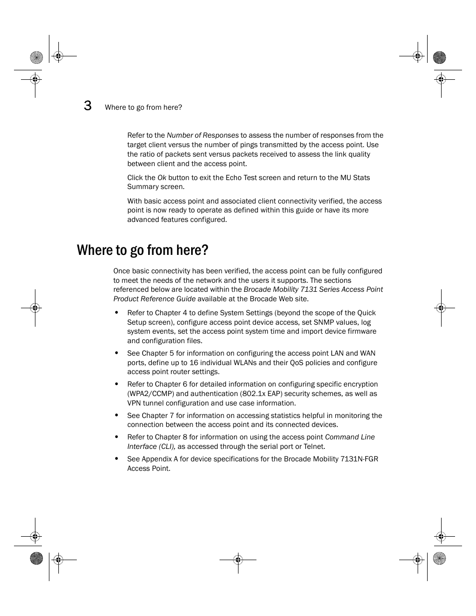 Where to go from here | Brocade Mobility 7131N-FGR Access Point Installation Guide (Supporting software release 4.0.0.0-035GRN and later) User Manual | Page 50 / 65