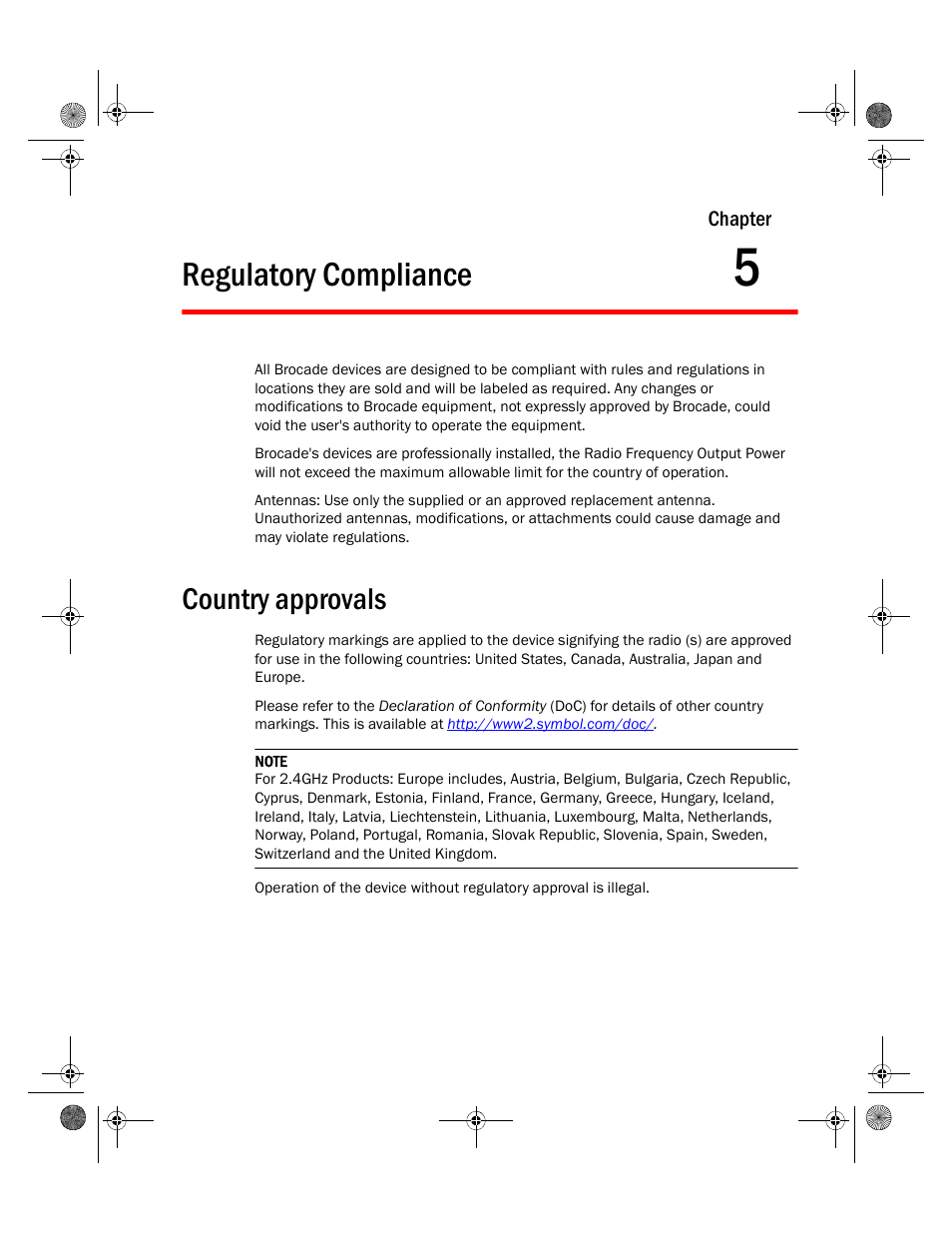 Regulatory compliance, Country approvals, 5 regulatory compliance | Brocade Mobility 7131N-FGR Access Point Installation Guide (Supporting software release 4.0.0.0-035GRN and later) User Manual | Page 55 / 65