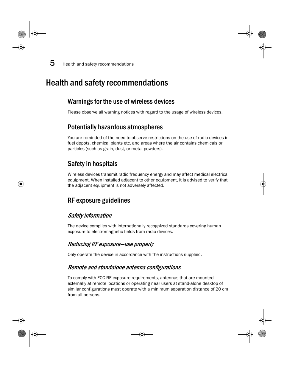 Health and safety recommendations, Warnings for the use of wireless devices, Potentially hazardous atmospheres | Safety in hospitals, Rf exposure guidelines | Brocade Mobility 7131N-FGR Access Point Installation Guide (Supporting software release 4.0.0.0-035GRN and later) User Manual | Page 56 / 65