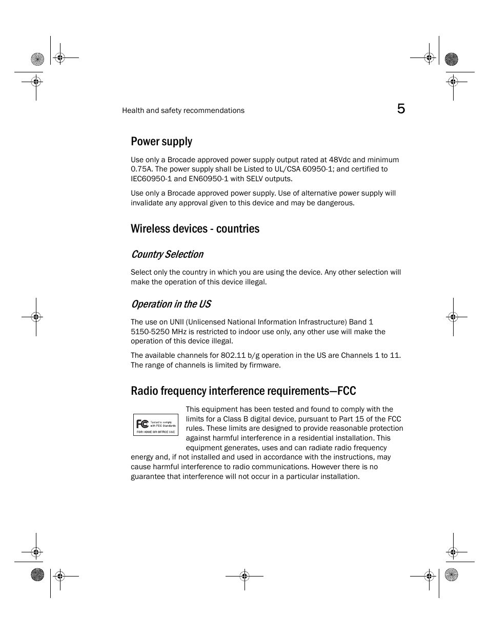 Power supply, Wireless devices - countries, Radio frequency interference requirements-fcc | Radio frequency interference requirements—fcc, Country selection, Operation in the us | Brocade Mobility 7131N-FGR Access Point Installation Guide (Supporting software release 4.0.0.0-035GRN and later) User Manual | Page 57 / 65