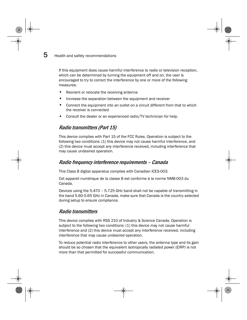 Radio transmitters (part 15), Radio frequency interference requirements – canada, Radio transmitters | Brocade Mobility 7131N-FGR Access Point Installation Guide (Supporting software release 4.0.0.0-035GRN and later) User Manual | Page 58 / 65