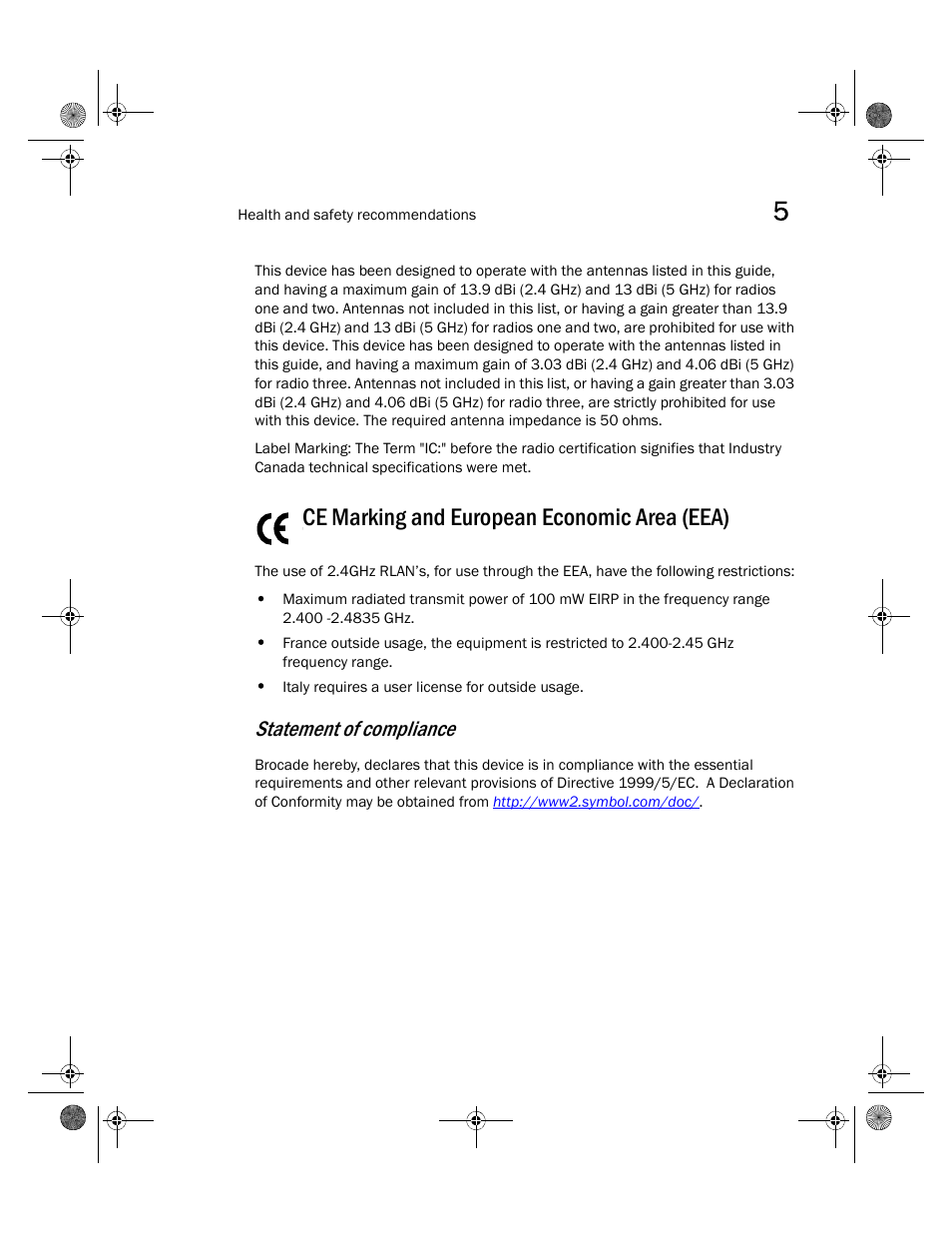 Ce marking and european economic area (eea), Statement of compliance | Brocade Mobility 7131N-FGR Access Point Installation Guide (Supporting software release 4.0.0.0-035GRN and later) User Manual | Page 59 / 65