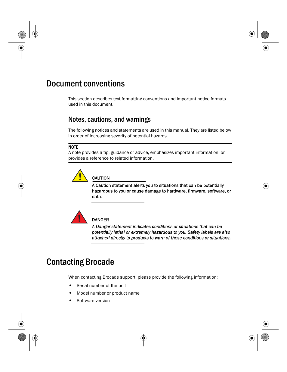 Document conventions, Contacting brocade | Brocade Mobility 7131N-FGR Access Point Installation Guide (Supporting software release 4.0.0.0-035GRN and later) User Manual | Page 6 / 65