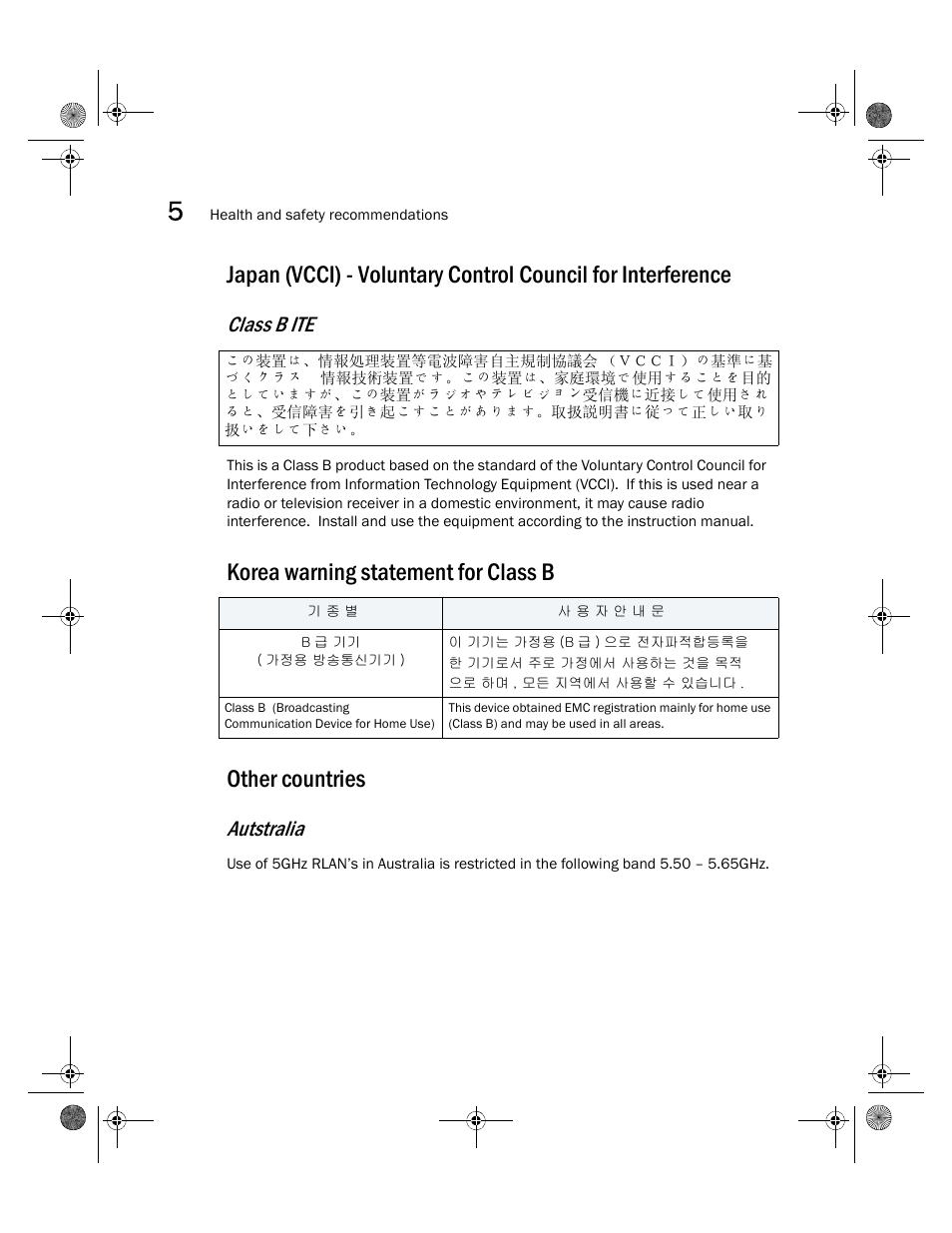 Korea warning statement for class b, Other countries, Class b ite | Autstralia | Brocade Mobility 7131N-FGR Access Point Installation Guide (Supporting software release 4.0.0.0-035GRN and later) User Manual | Page 60 / 65