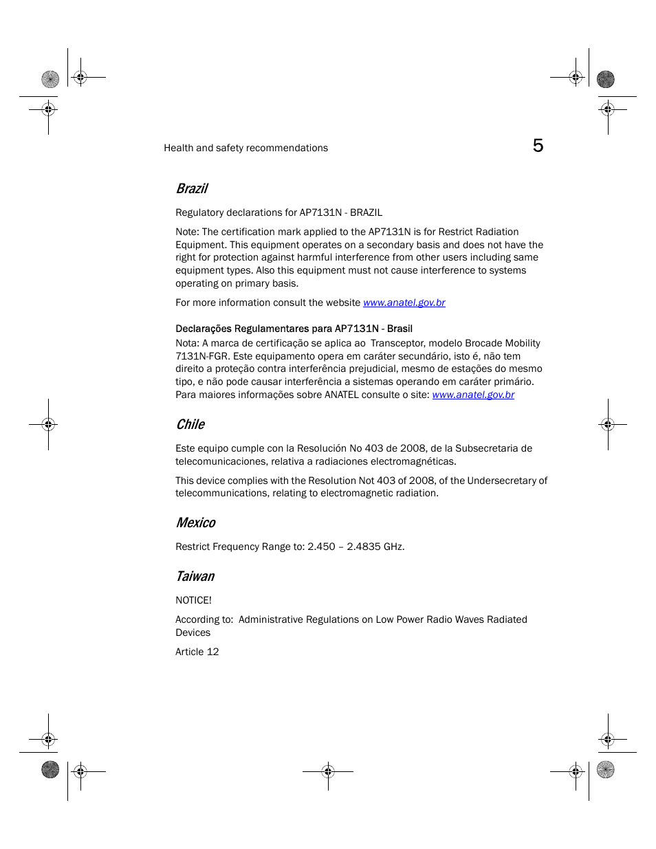 Brazil, Chile, Mexico | Taiwan | Brocade Mobility 7131N-FGR Access Point Installation Guide (Supporting software release 4.0.0.0-035GRN and later) User Manual | Page 61 / 65