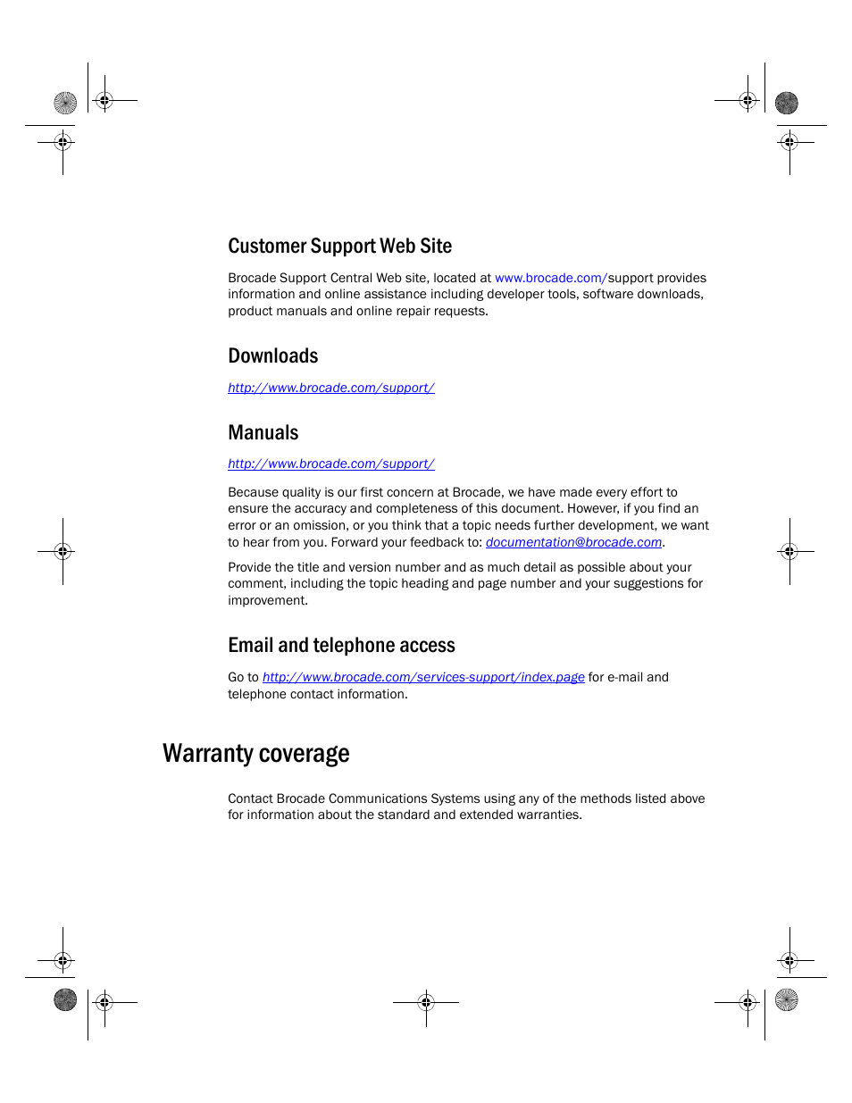 Warranty coverage, Customer support web site, Downloads | Manuals, Email and telephone access | Brocade Mobility 7131N-FGR Access Point Installation Guide (Supporting software release 4.0.0.0-035GRN and later) User Manual | Page 7 / 65