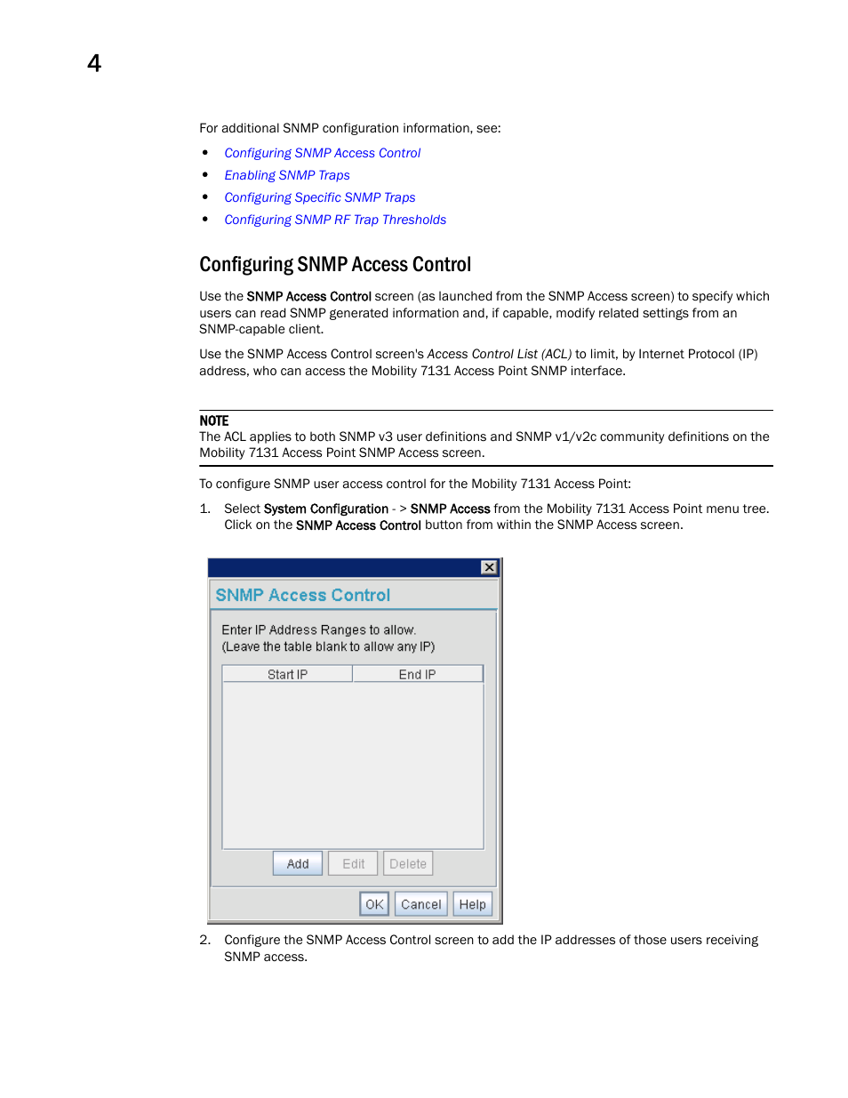 Configuring snmp access control | Brocade Mobility 7131 Access Point Product Reference Guide (Supporting software release 4.4.0.0 and later) User Manual | Page 104 / 520