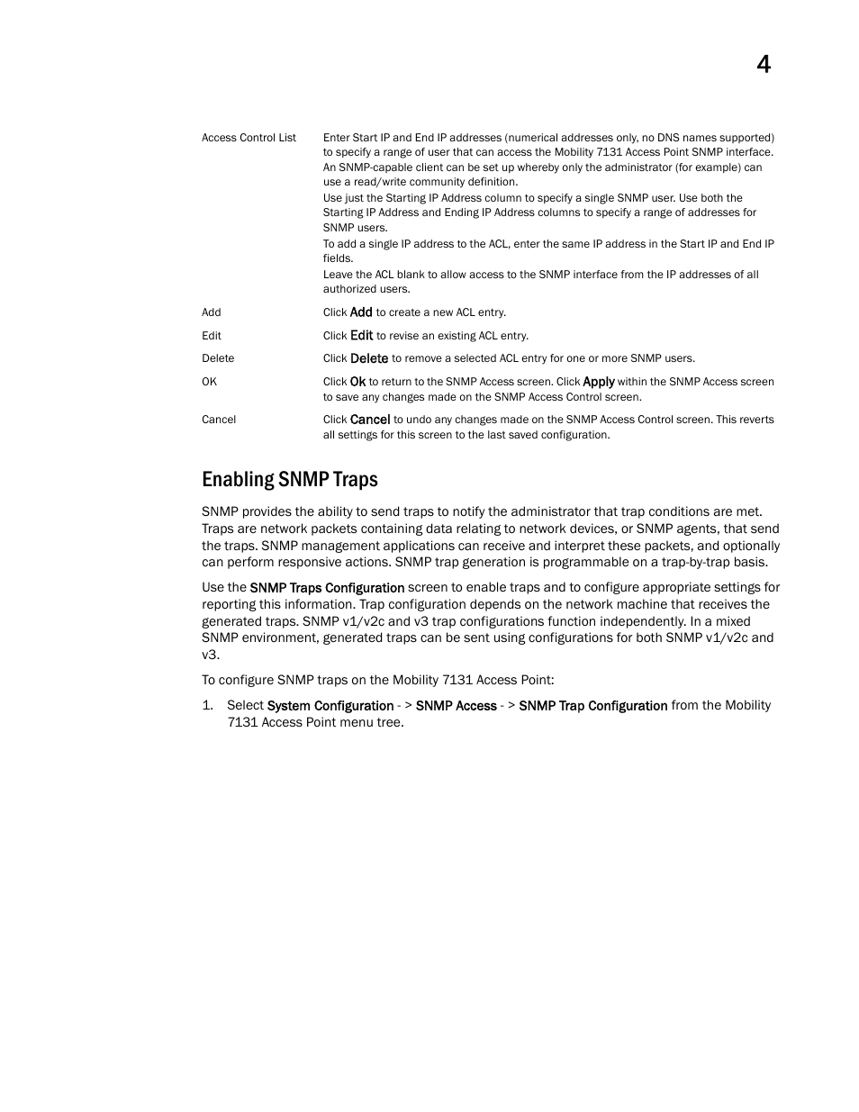 Enabling snmp traps | Brocade Mobility 7131 Access Point Product Reference Guide (Supporting software release 4.4.0.0 and later) User Manual | Page 105 / 520