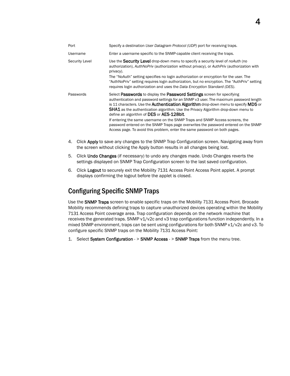 Configuring specific snmp traps | Brocade Mobility 7131 Access Point Product Reference Guide (Supporting software release 4.4.0.0 and later) User Manual | Page 107 / 520