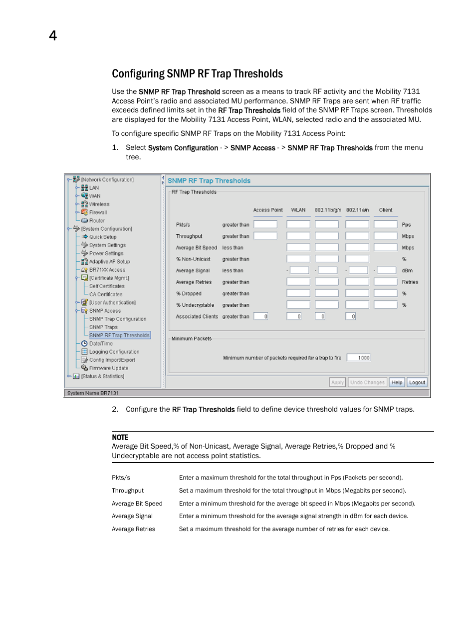 Configuring snmp rf trap thresholds | Brocade Mobility 7131 Access Point Product Reference Guide (Supporting software release 4.4.0.0 and later) User Manual | Page 110 / 520