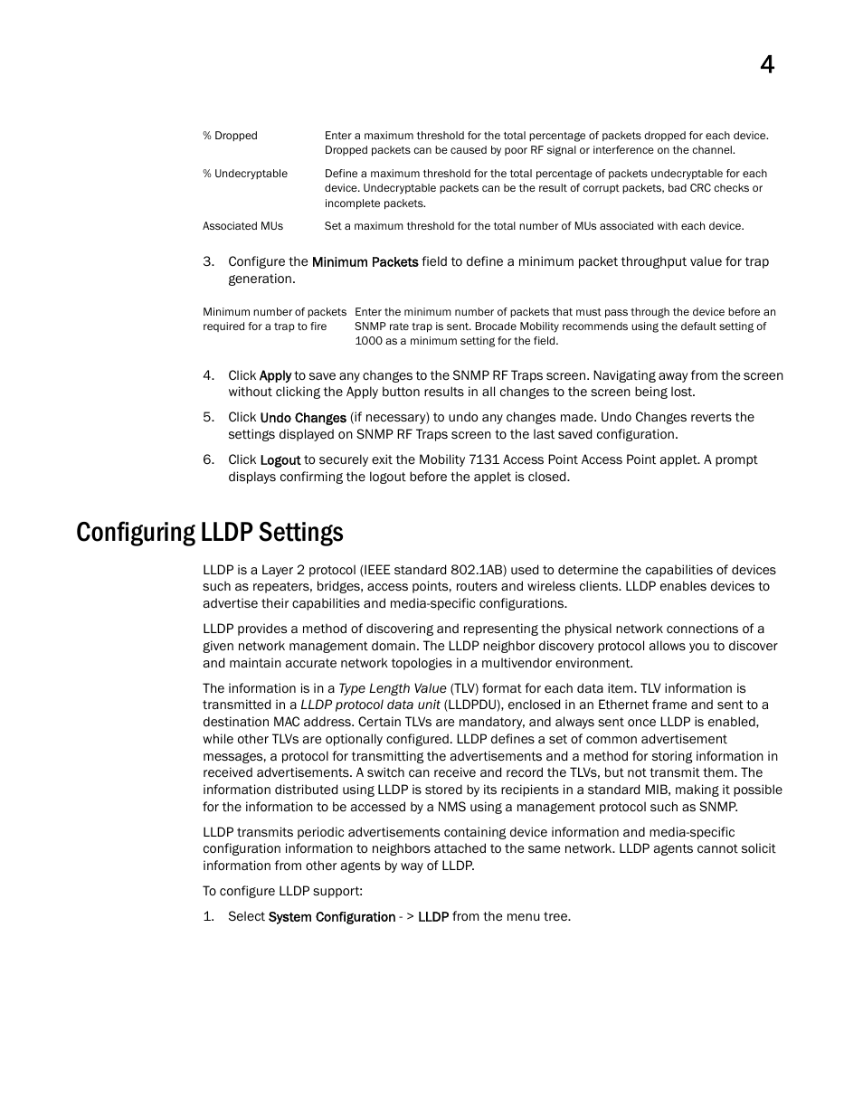 Configuring lldp settings | Brocade Mobility 7131 Access Point Product Reference Guide (Supporting software release 4.4.0.0 and later) User Manual | Page 111 / 520