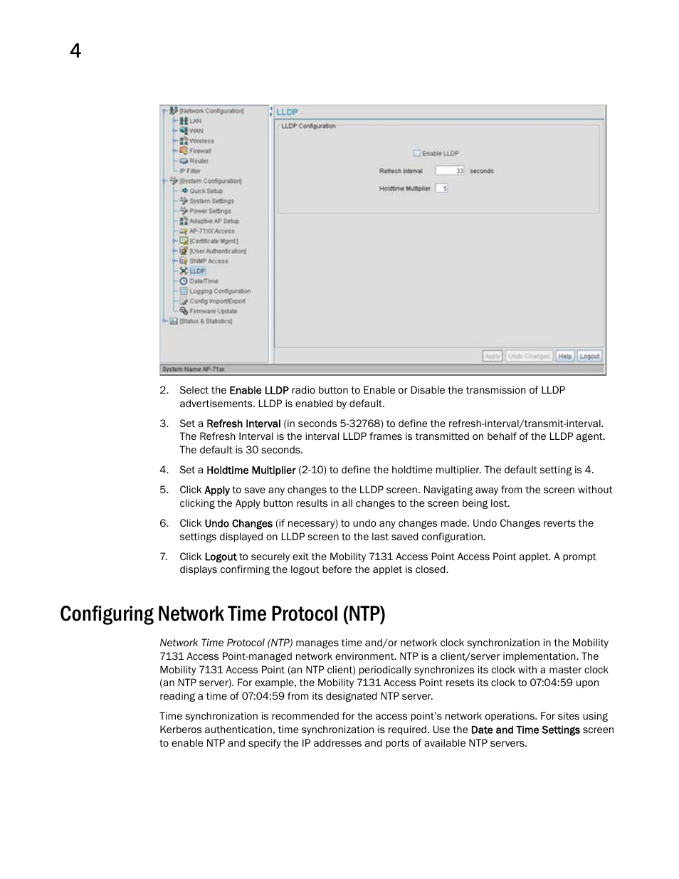 Configuring network time protocol (ntp) | Brocade Mobility 7131 Access Point Product Reference Guide (Supporting software release 4.4.0.0 and later) User Manual | Page 112 / 520