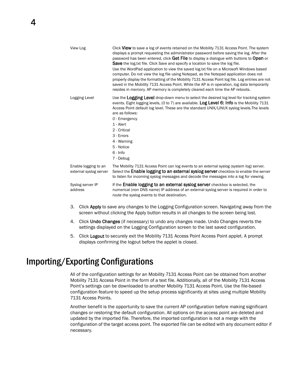 Importing/exporting configurations | Brocade Mobility 7131 Access Point Product Reference Guide (Supporting software release 4.4.0.0 and later) User Manual | Page 116 / 520