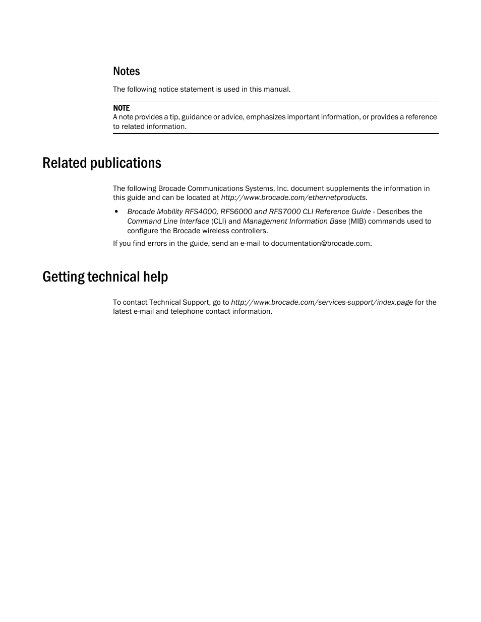 Notes, Related publications, Getting technical help | Brocade Mobility 7131 Access Point Product Reference Guide (Supporting software release 4.4.0.0 and later) User Manual | Page 12 / 520