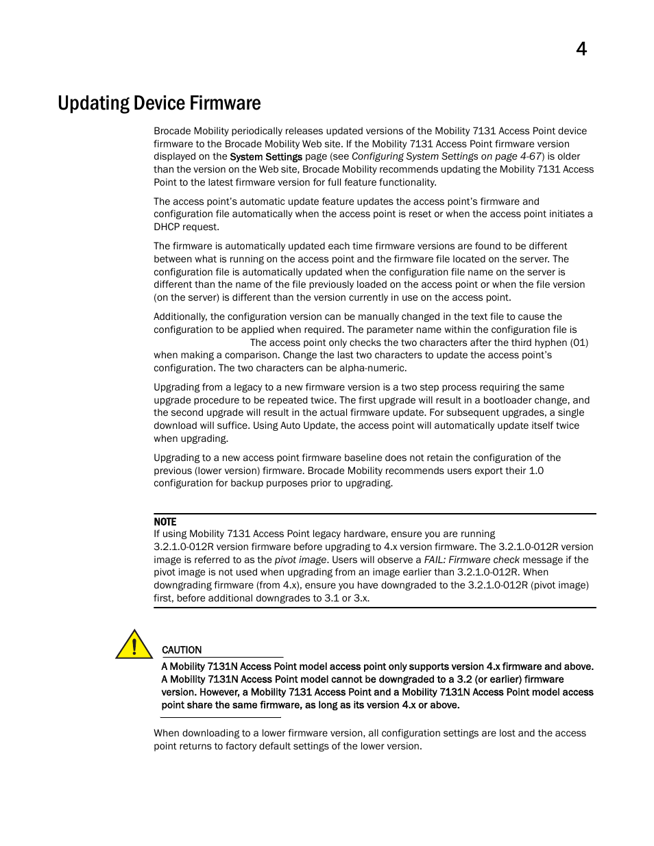 Updating device firmware | Brocade Mobility 7131 Access Point Product Reference Guide (Supporting software release 4.4.0.0 and later) User Manual | Page 121 / 520