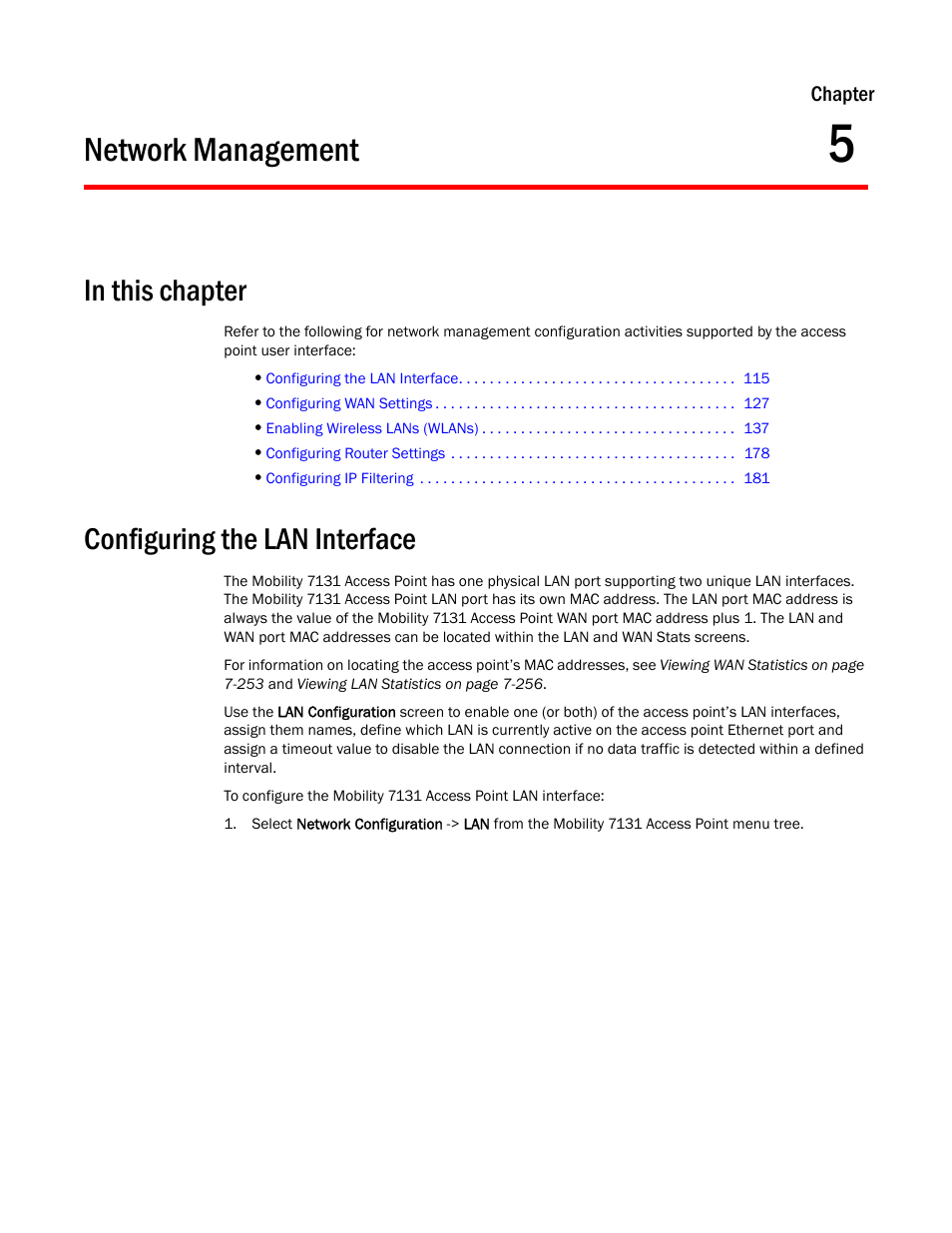 Network management, In this chapter, Configuring the lan interface | Chapter 5 | Brocade Mobility 7131 Access Point Product Reference Guide (Supporting software release 4.4.0.0 and later) User Manual | Page 127 / 520