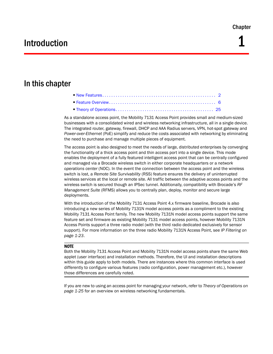 Introduction, In this chapter, Chapter 1 | Brocade Mobility 7131 Access Point Product Reference Guide (Supporting software release 4.4.0.0 and later) User Manual | Page 13 / 520