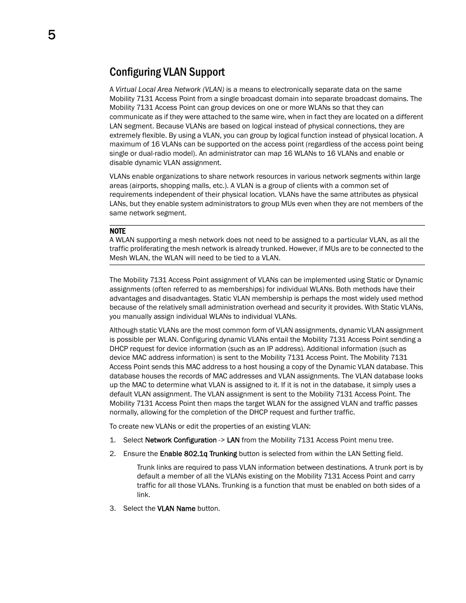 Configuring vlan support | Brocade Mobility 7131 Access Point Product Reference Guide (Supporting software release 4.4.0.0 and later) User Manual | Page 130 / 520