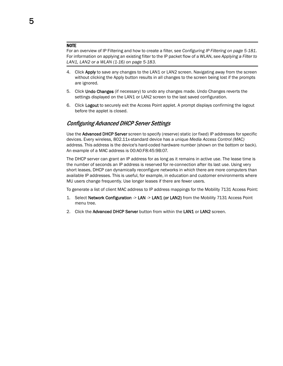 Configuring advanced dhcp server settings | Brocade Mobility 7131 Access Point Product Reference Guide (Supporting software release 4.4.0.0 and later) User Manual | Page 136 / 520