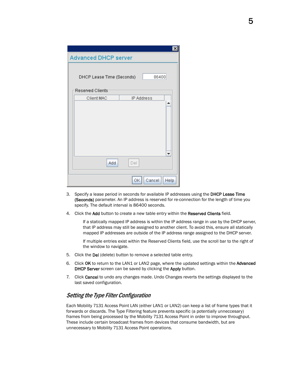 Setting the type filter configuration | Brocade Mobility 7131 Access Point Product Reference Guide (Supporting software release 4.4.0.0 and later) User Manual | Page 137 / 520