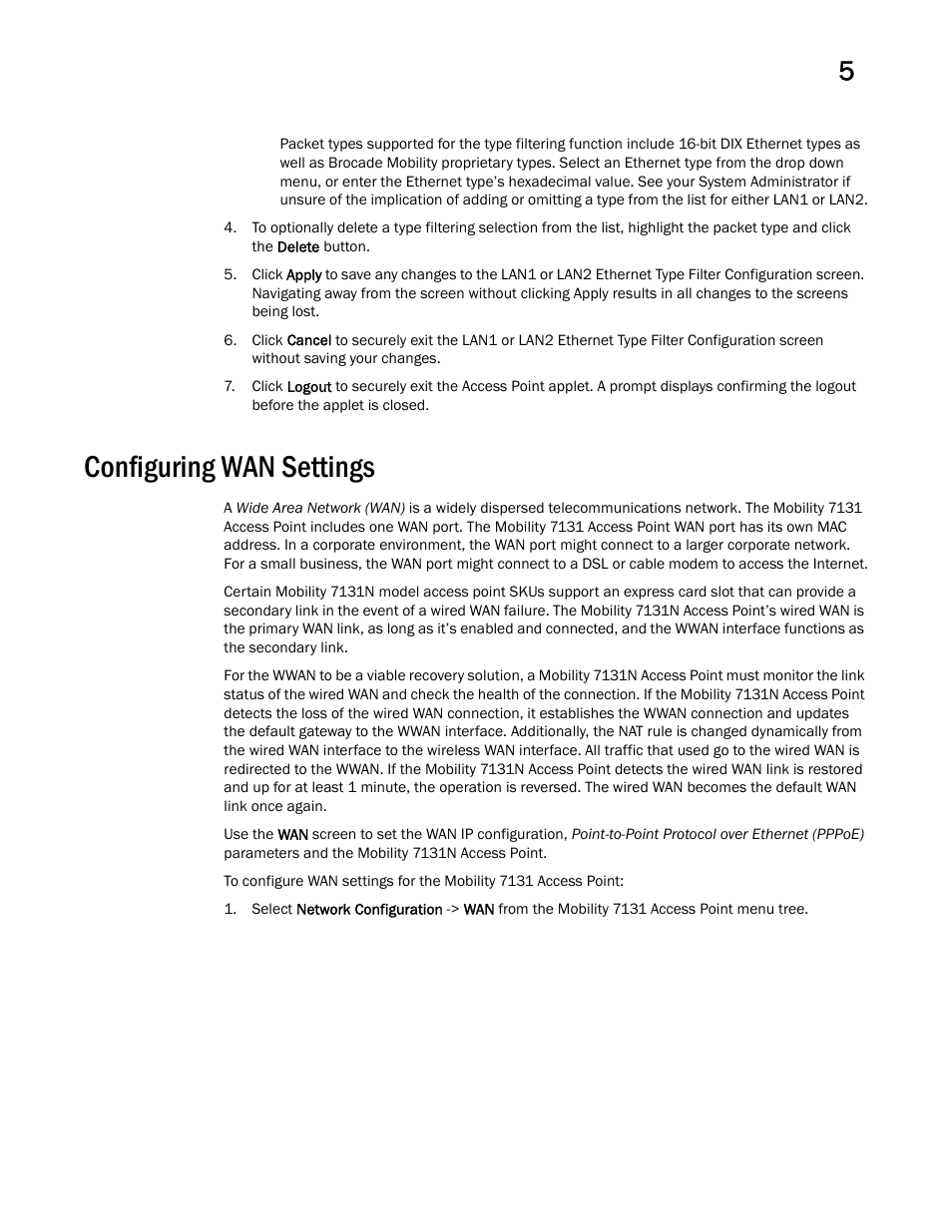 Configuring wan settings | Brocade Mobility 7131 Access Point Product Reference Guide (Supporting software release 4.4.0.0 and later) User Manual | Page 139 / 520