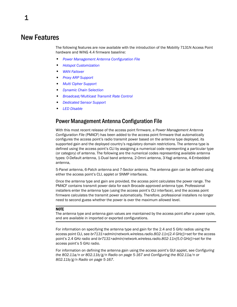 New features, Power management antenna configuration file | Brocade Mobility 7131 Access Point Product Reference Guide (Supporting software release 4.4.0.0 and later) User Manual | Page 14 / 520