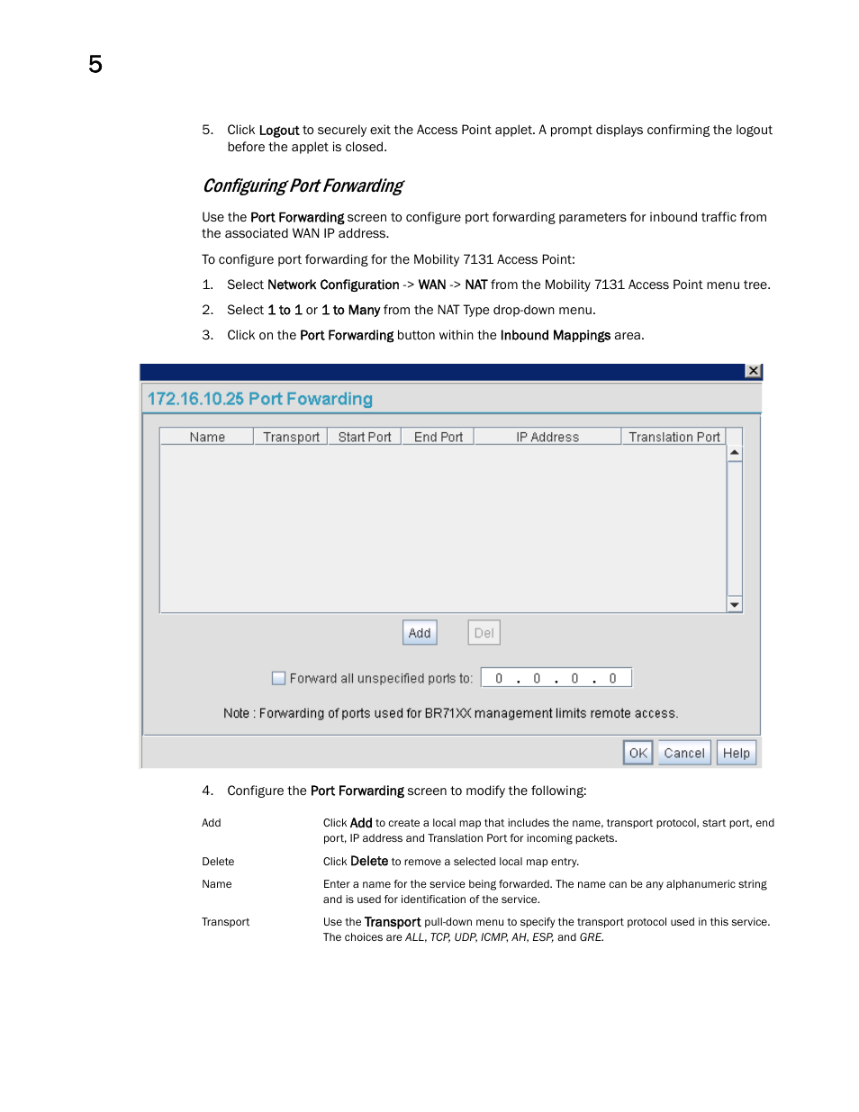 Configuring port forwarding | Brocade Mobility 7131 Access Point Product Reference Guide (Supporting software release 4.4.0.0 and later) User Manual | Page 146 / 520