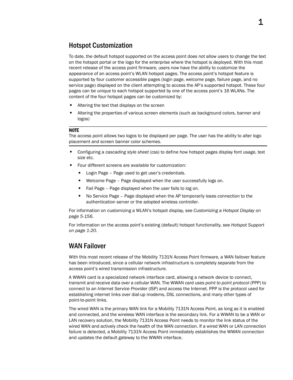 Hotspot customization, Wan failover, Hotspot customization wan failover | Brocade Mobility 7131 Access Point Product Reference Guide (Supporting software release 4.4.0.0 and later) User Manual | Page 15 / 520