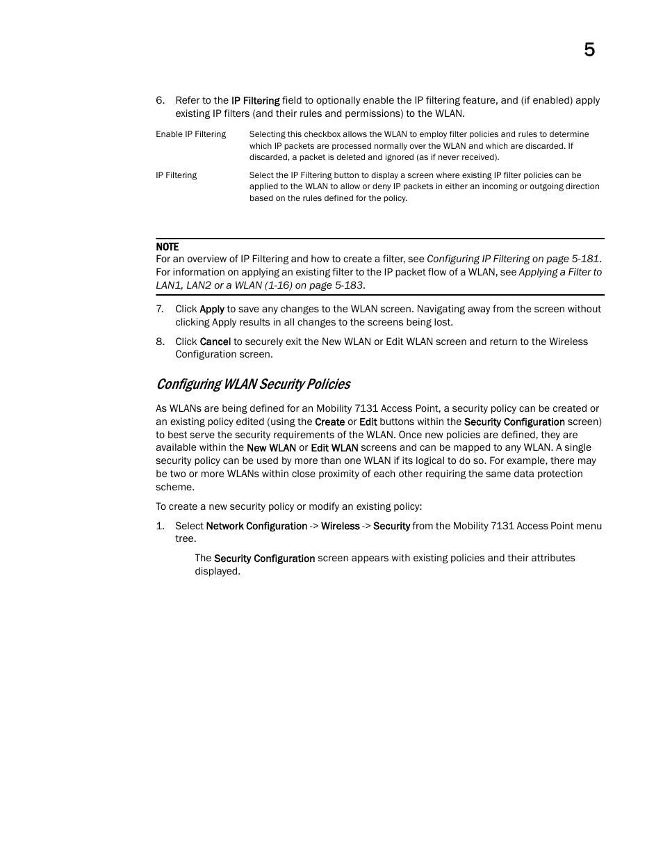 Configuring wlan security policies | Brocade Mobility 7131 Access Point Product Reference Guide (Supporting software release 4.4.0.0 and later) User Manual | Page 155 / 520