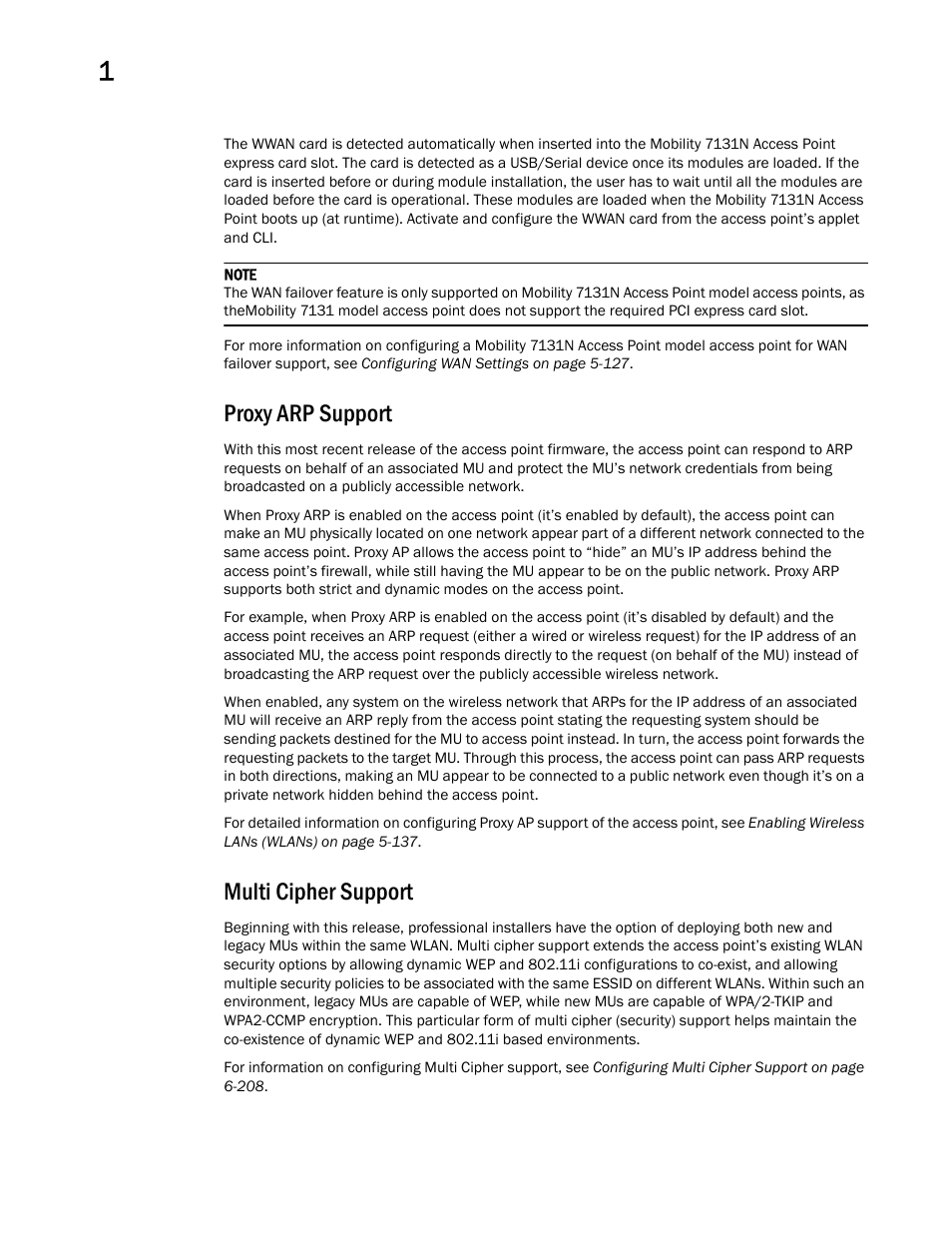 Proxy arp support, Multi cipher support, Proxy arp support multi cipher support | Brocade Mobility 7131 Access Point Product Reference Guide (Supporting software release 4.4.0.0 and later) User Manual | Page 16 / 520