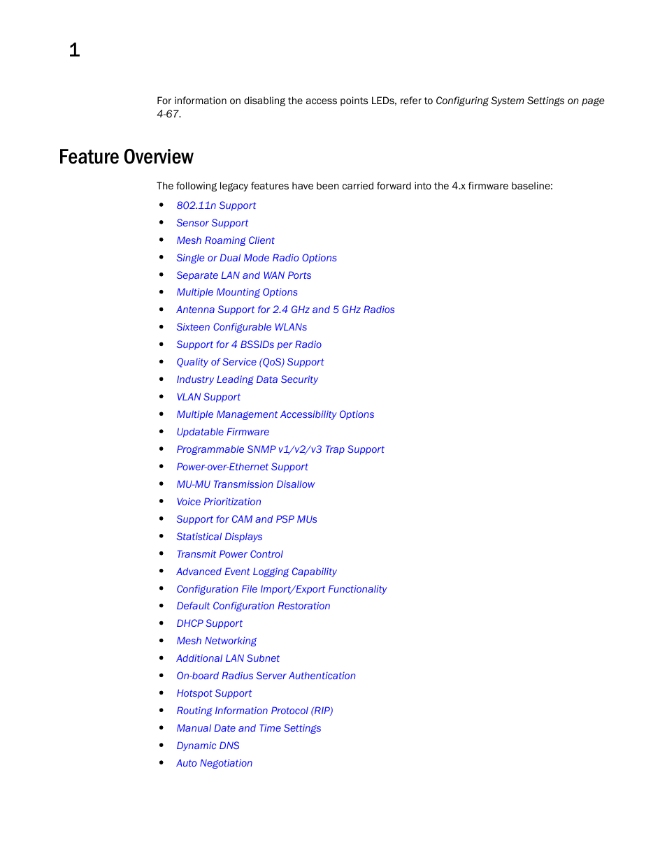 Feature overview | Brocade Mobility 7131 Access Point Product Reference Guide (Supporting software release 4.4.0.0 and later) User Manual | Page 18 / 520